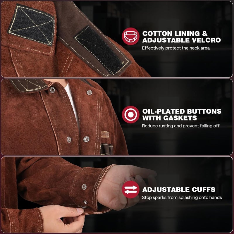 ARCCAPTAIN Leather Welding Jacket, Heavy Duty Welder Jackets with Flame Resistant Split Cowhide Leather for Men Women - Image 2